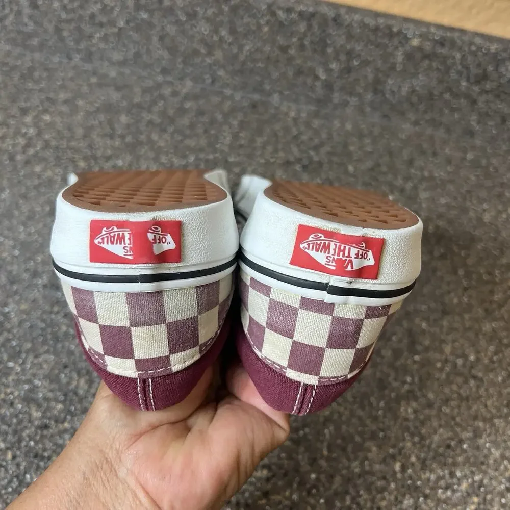 Vans Classic Slip On Skate Shoes Canvas Burgundy Check Print Womens 8.5 Sneakers